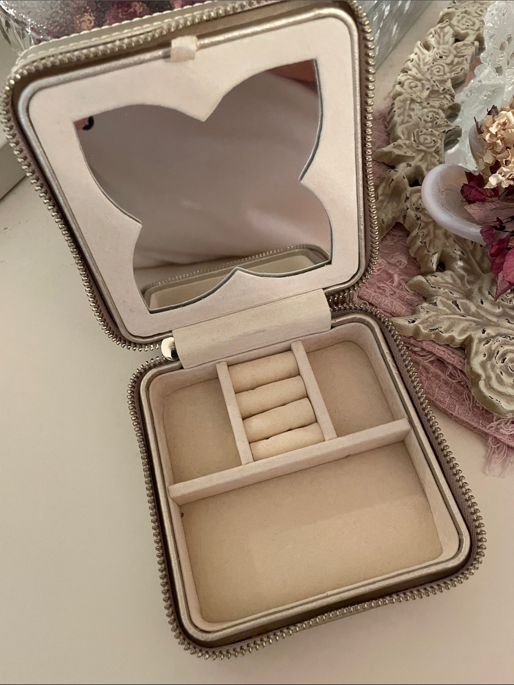 WOLF Chloe leather zippered jewelry case in a champagne color with detail